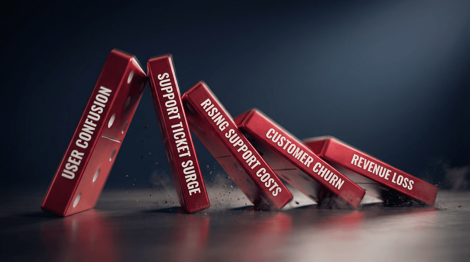 5-stage cascade effect of poor documentation: Confusion to Tickets to Costs to Churn to Revenue Loss